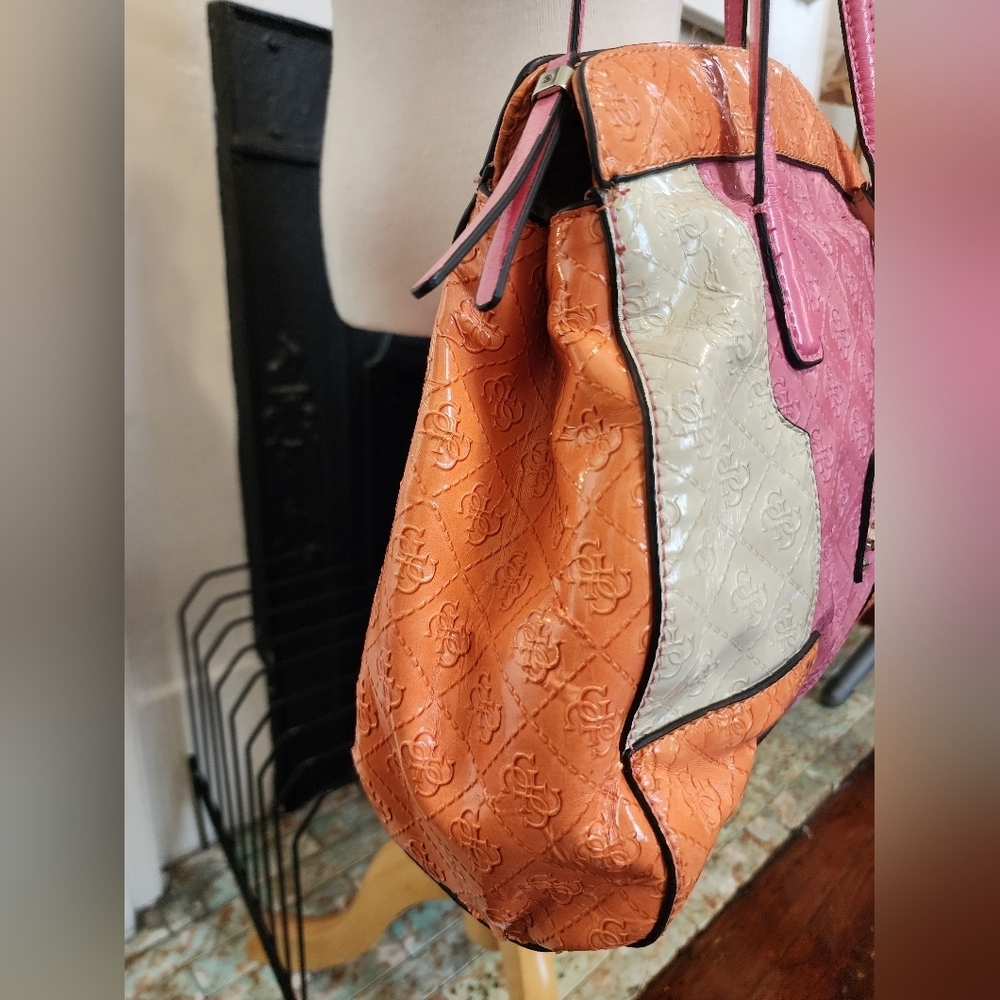 Guess Patchwork Satchel Tote Bag Pink Orange Quilted Logo - Picture 6 of 16